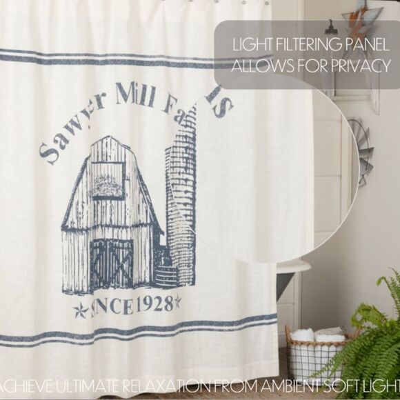 Farmhouse Windmill Cotton Fabric Shower Curtain White Denim Blue - Picture 2 of 3